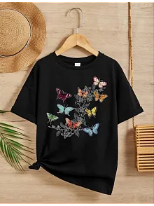Kız Çocuk Bisiklet Yaka Baskılı T-shirt - Siyah