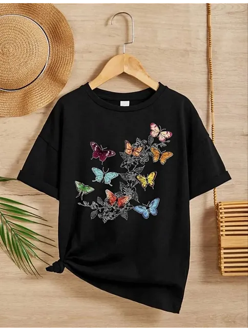 Kız Çocuk Bisiklet Yaka Baskılı T-shirt - Siyah