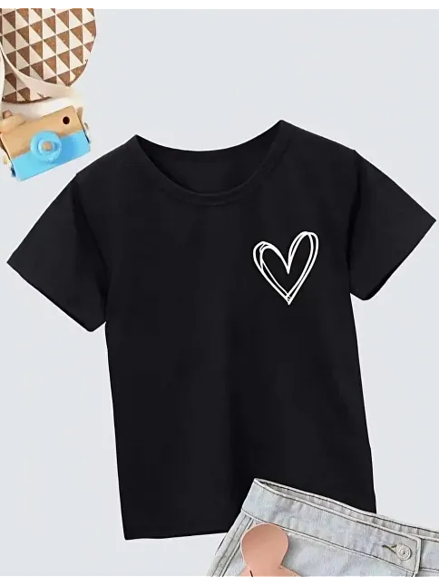 Kız Çocuk Bisiklet Yaka Baskılı T-shirt - Siyah