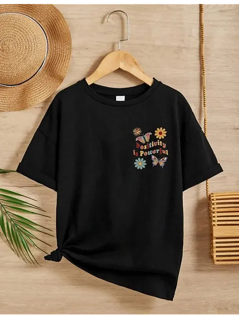 Kız Çocuk Bisiklet Yaka Baskılı T-shirt - Siyah