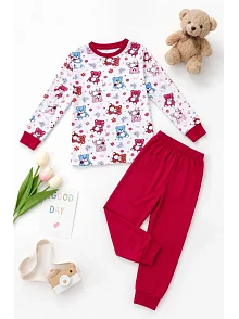 Kız Çocuk Premium Penye Ayıcık Desenli Uzun Kollu Pijama Takımı 2-11 Yaş - Kırmızı