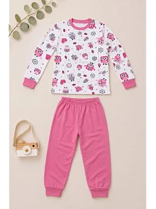 Kız Çocuk Premium Penye Baykuş Desenli Uzun Kollu Pijama Takımı 2-11 Yaş - Pembe