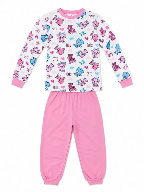 Kız Çocuk Premium Penye Kedi Desenli Uzun Kollu Pijama Takımı 2-11 Yaş - Pembe