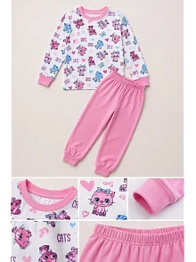 Kız Çocuk Premium Penye Kedi Desenli Uzun Kollu Pijama Takımı 2-11 Yaş - Pembe Kız Çocuk Premium Penye Kedi Desenli Uzun Kollu Pijama Takımı 2-11 Yaş - Pembe
