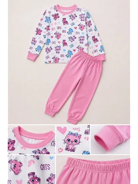 Kız Çocuk Premium Penye Kedi Desenli Uzun Kollu Pijama Takımı 2-11 Yaş - Pembe
