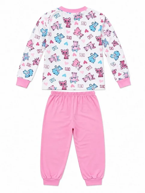 Kız Çocuk Premium Penye Kedi Desenli Uzun Kollu Pijama Takımı 2-11 Yaş - Pembe