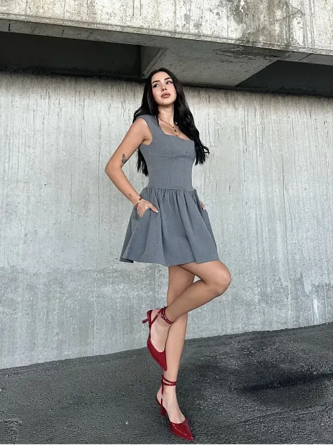 Kolsuz Mini Elbise- Gri