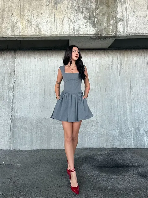 Kolsuz Mini Elbise- Gri