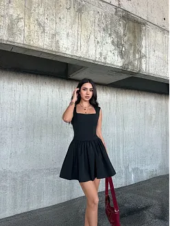 Kolsuz Mini Elbise- Siyah