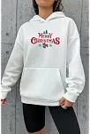 Yılbaşı Merry Christmas Baskılı Oversize Kapüşonlu Sweatshirt Hoodie - Beyaz