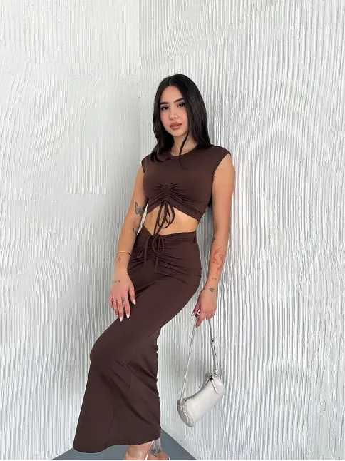 Osy Modal Yumuşak Dokulu Kumaş Büzgülü Crop Etek Takım -kahverengi