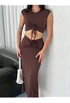 Osy Modal Yumuşak Dokulu Kumaş Büzgülü Crop Etek Takım -kahverengi