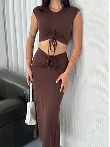 Osy Modal Yumuşak Dokulu Kumaş Büzgülü Crop Etek Takım -kahverengi