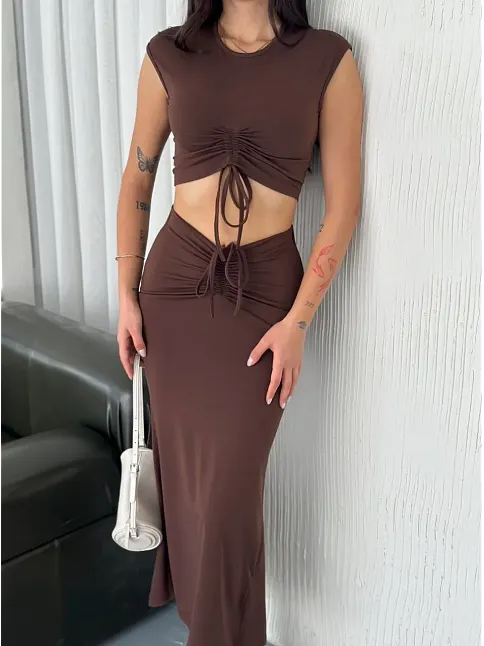 Osy Modal Yumuşak Dokulu Kumaş Büzgülü Crop Etek Takım -kahverengi