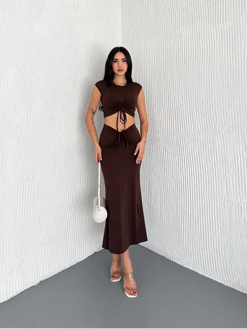 Osy Modal Yumuşak Dokulu Kumaş Büzgülü Crop Etek Takım -kahverengi
