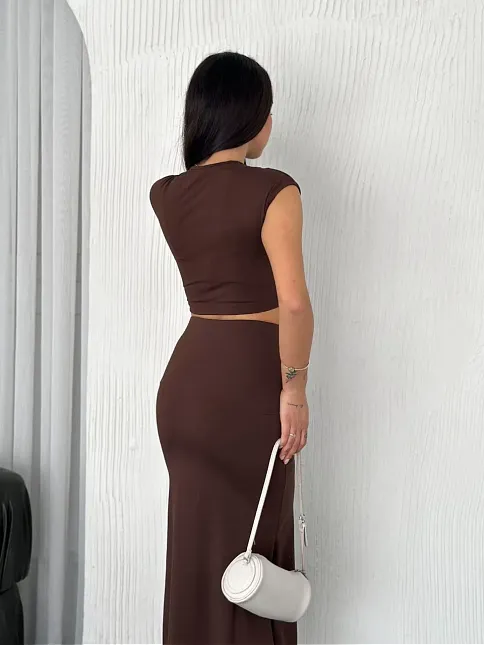 Osy Modal Yumuşak Dokulu Kumaş Büzgülü Crop Etek Takım -kahverengi