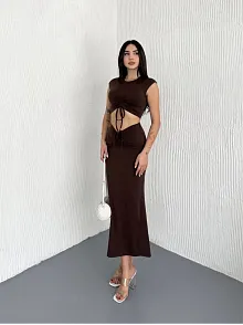 Osy Modal Yumuşak Dokulu Kumaş Büzgülü Crop Etek Takım -kahverengi