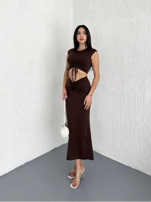 Osy Modal Yumuşak Dokulu Kumaş Büzgülü Crop Etek Takım -kahverengi