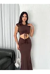 Osy Modal Yumuşak Dokulu Kumaş Büzgülü Crop Etek Takım -kahverengi