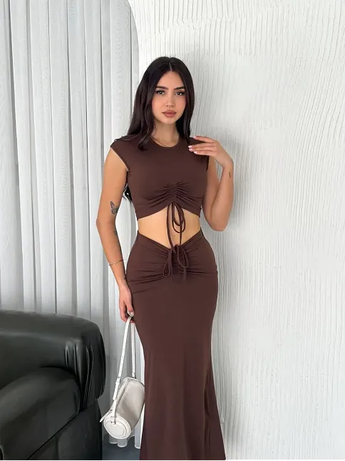 Osy Modal Yumuşak Dokulu Kumaş Büzgülü Crop Etek Takım -kahverengi