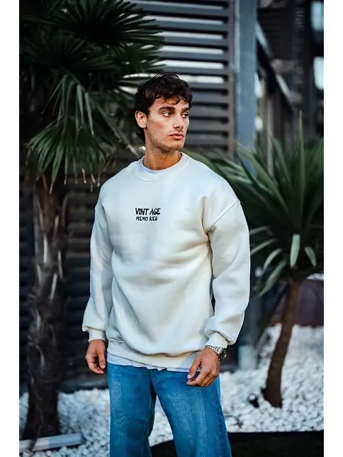 Erkek Bisiklet Yaka 3 İplik Pamuklu Baskılı Sweatshirt - Beyaz