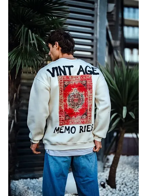 Erkek Bisiklet Yaka 3 İplik Pamuklu Baskılı Sweatshirt - Beyaz