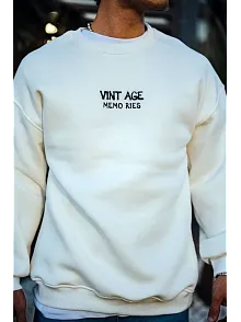 Erkek Bisiklet Yaka 3 İplik Pamuklu Baskılı Sweatshirt - Beyaz