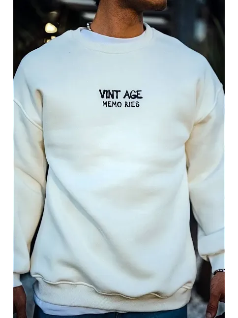 Erkek Bisiklet Yaka 3 İplik Pamuklu Baskılı Sweatshirt - Beyaz