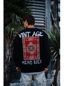 Erkek Bisiklet Yaka 3 İplik Pamuklu Baskılı Sweatshirt - Siyah