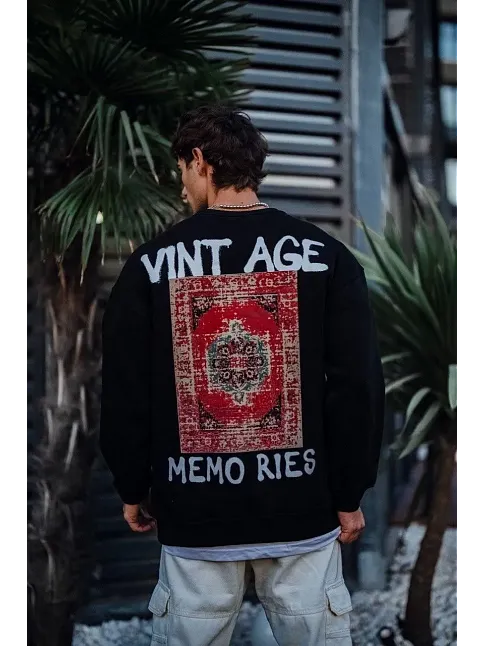 Erkek Bisiklet Yaka 3 İplik Pamuklu Baskılı Sweatshirt - Siyah
