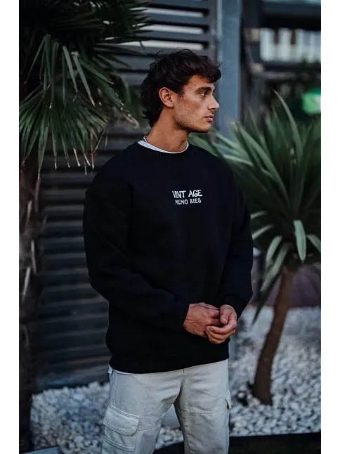 Erkek Bisiklet Yaka 3 İplik Pamuklu Baskılı Sweatshirt - Siyah