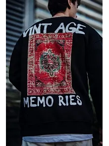 Erkek Bisiklet Yaka 3 İplik Pamuklu Baskılı Sweatshirt - Siyah