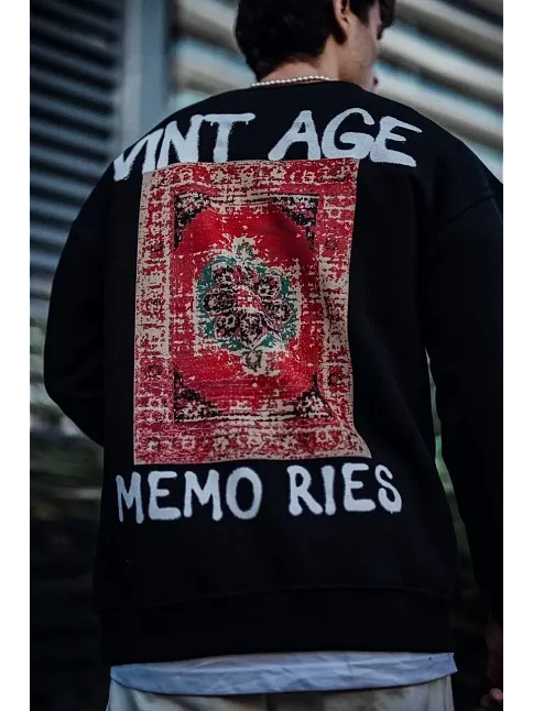 Erkek Bisiklet Yaka 3 İplik Pamuklu Baskılı Sweatshirt - Siyah