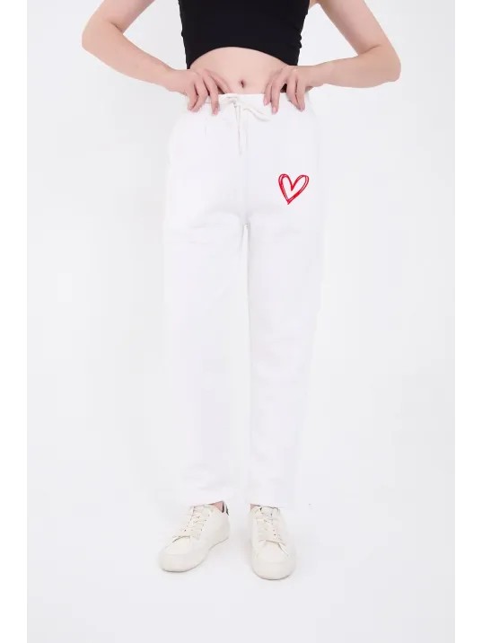 Kadın Üç İplik Pamuklu Baskılı Paçası Lastikli Cepli Eşofman Pantolon - Beyaz Kadın Üç İplik Pamuklu Baskılı Paçası Lastikli Cepli Eşofman Pantolon - Beyaz