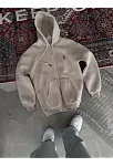 Kadın 3 İplik Pamuklu Kapüşonlu Kanguru Cepli Baskılı Oversize Hoodie Sweatshirt - Bej