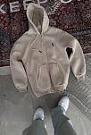 Kadın 3 İplik Pamuklu Kapüşonlu Kanguru Cepli Baskılı Oversize Hoodie Sweatshirt - Bej