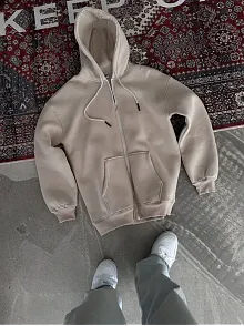 Kadın 3 İplik Pamuklu Kapüşonlu Kanguru Cepli Baskılı Oversize Hoodie Sweatshirt - Bej