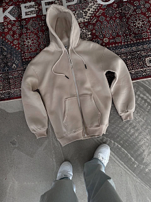 Kadın 3 İplik Pamuklu Kapüşonlu Kanguru Cepli Baskılı Oversize Hoodie Sweatshirt - Bej