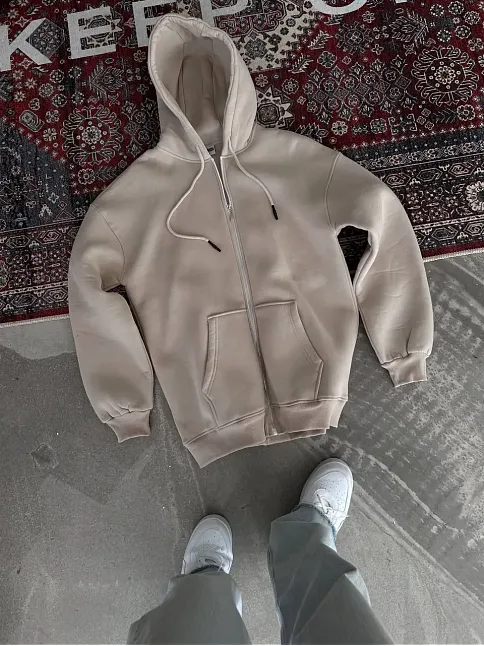 Kadın 3 İplik Pamuklu Kapüşonlu Kanguru Cepli Baskılı Oversize Hoodie Sweatshirt - Bej