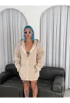 Kadın 3 İplik Pamuklu Kapüşonlu Kanguru Cepli Baskılı Oversize Hoodie Sweatshirt - Bej