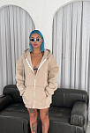 Kadın 3 İplik Pamuklu Kapüşonlu Kanguru Cepli Baskılı Oversize Hoodie Sweatshirt - Bej