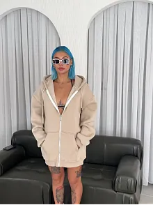 Kadın 3 İplik Pamuklu Kapüşonlu Kanguru Cepli Baskılı Oversize Hoodie Sweatshirt - Bej