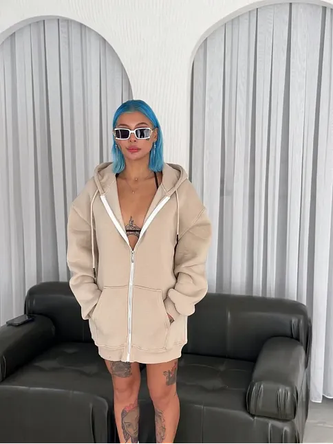 Kadın 3 İplik Pamuklu Kapüşonlu Kanguru Cepli Baskılı Oversize Hoodie Sweatshirt - Bej