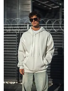 Erkek Tam Fermuarlı Cepli Kapüşonlu 3 İplik Pamuklu Hoodie Sweatshirt - Beyaz