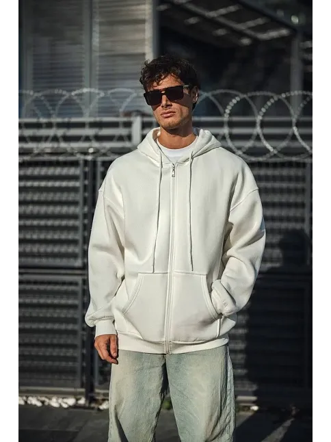 Erkek Tam Fermuarlı Cepli Kapüşonlu 3 İplik Pamuklu Hoodie Sweatshirt - Beyaz