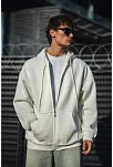 Erkek Tam Fermuarlı Cepli Kapüşonlu 3 İplik Pamuklu Hoodie Sweatshirt - Beyaz