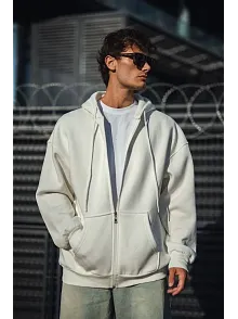 Erkek Tam Fermuarlı Cepli Kapüşonlu 3 İplik Pamuklu Hoodie Sweatshirt - Beyaz