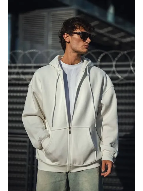 Erkek Tam Fermuarlı Cepli Kapüşonlu 3 İplik Pamuklu Hoodie Sweatshirt - Beyaz