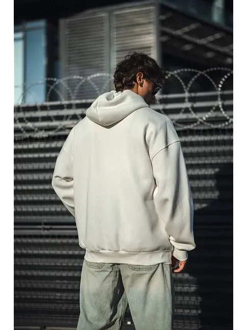 Erkek Tam Fermuarlı Cepli Kapüşonlu 3 İplik Pamuklu Hoodie Sweatshirt - Beyaz