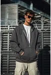Erkek Tam Fermuarlı Cepli Kapüşonlu 3 İplik Pamuklu Hoodie Sweatshirt - Füme